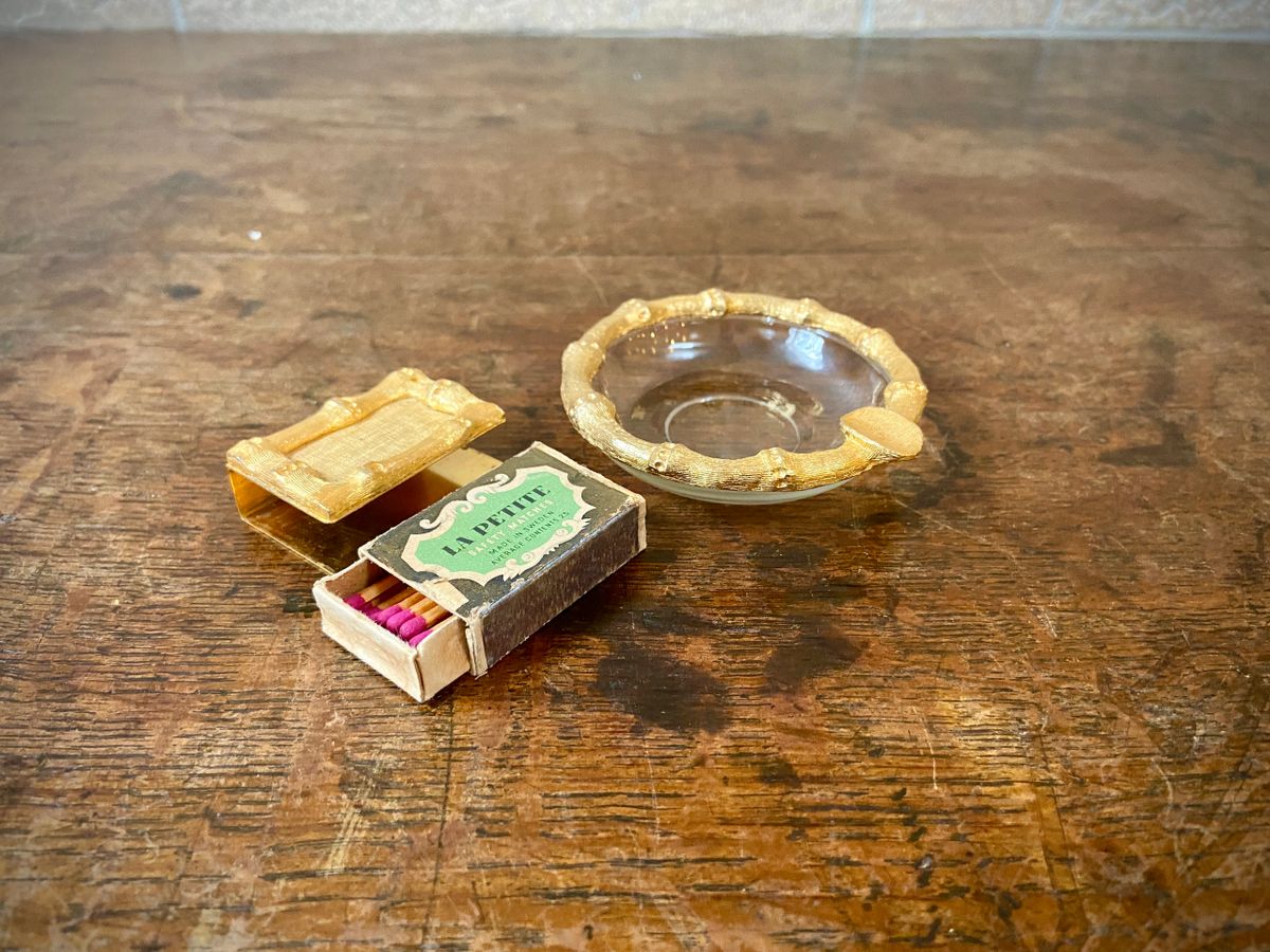 Vintage 1950's Glass and Golden Ashtray with matching matchbox holder